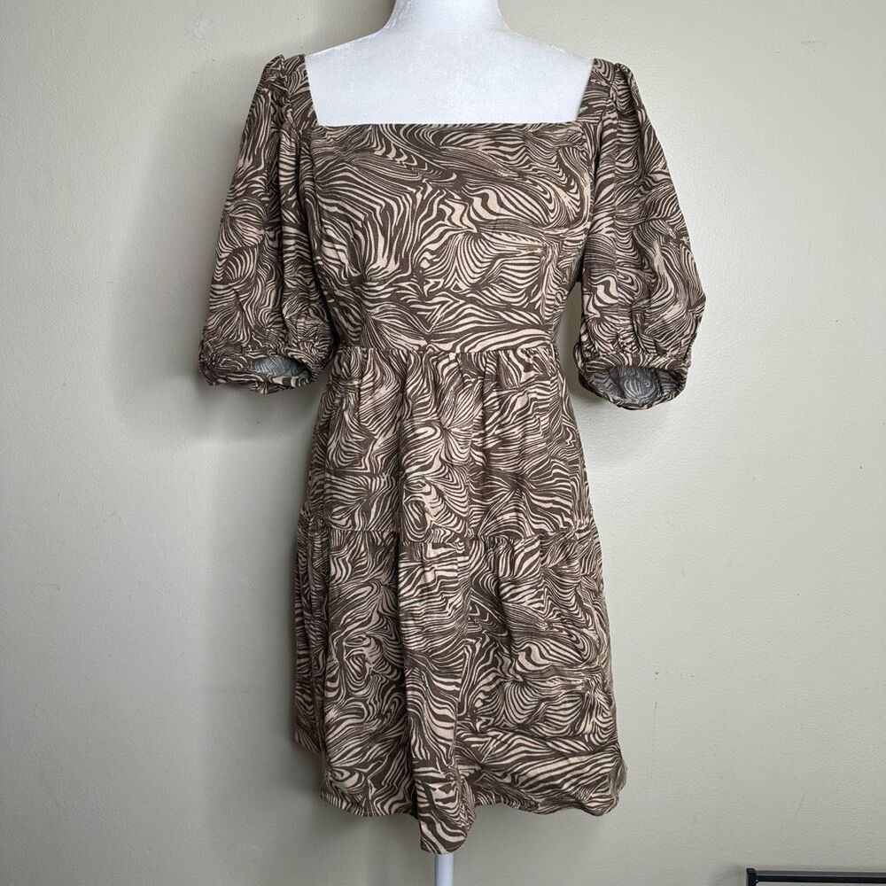 House of Harlow 1960 Puff Sleeve Brown Patterned Dress Linen Blend size Large